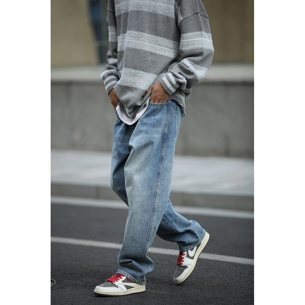 

Светло-голубые винтажные джинсы свободного кроя с прямыми штанинами, повседневные брюки для мужчин и женщин, молодежные, из 100% хлопка, для осенней носки