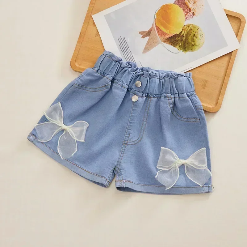 Brief Style Denim Blue Toddler Girls Denim Shorts Kids Summer Casual Short Pants Children Elastic Waist Trousers for 4-10 Years