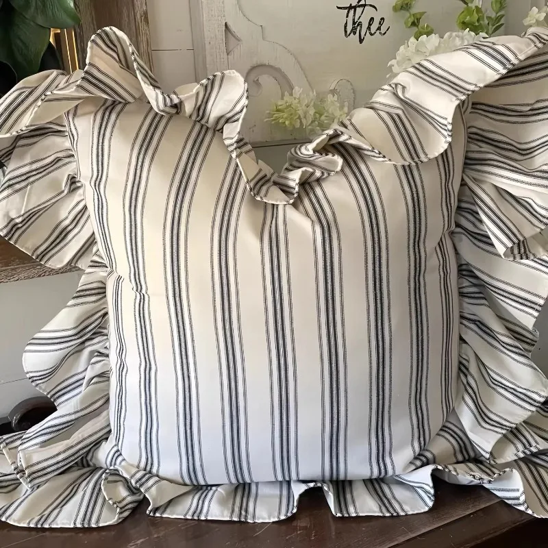 Vintage European Ruffled Striped Cushion Cover Washed Cotton Decorative Pillow Case Style Throw Pillow Cover for Living Room