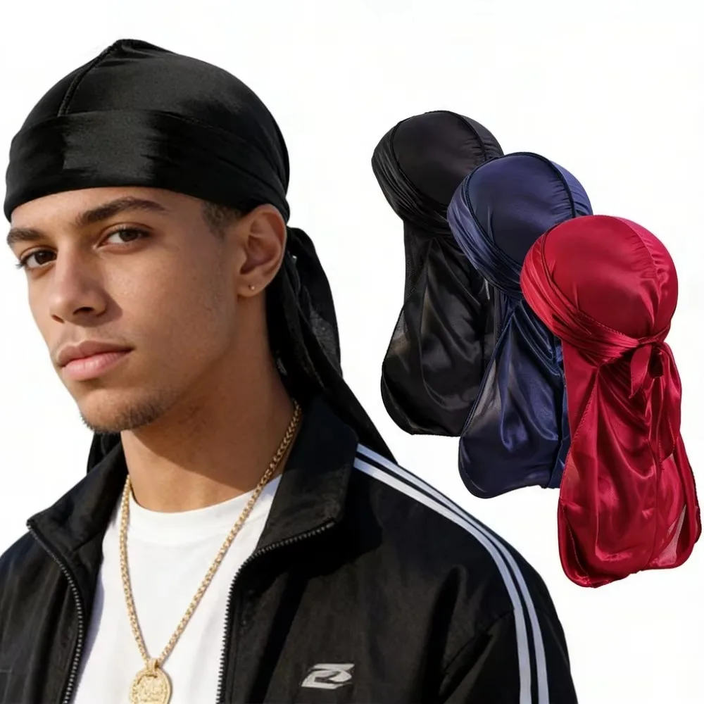 Silky Long Tail Durag Turban, Unisex Pirate Headwrap, Stylish Bandana Hijab Hair Cap for Men Women, Soft Satin Head Scarf