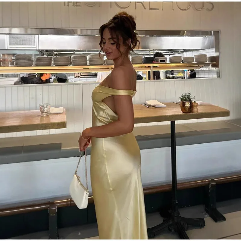 Women Solid Satin Backless Sexy Long Dress Fashion Sleeveless Bodycon Spaghetti Strap Dresses 2025 New Vocation Party Vestidos