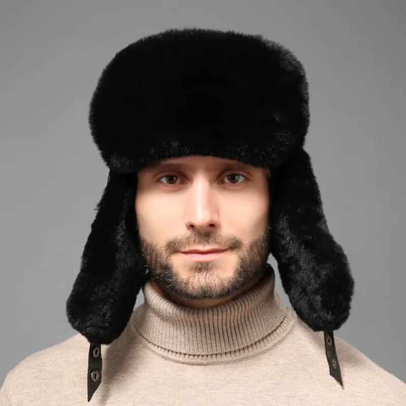 Rex Rabbit Fur Lei Feng Hat For Men Winter Genuine Sheepskin Rabbit Fur Caps Russians Thick Warm Ear Protection Hats Bomber Caps
