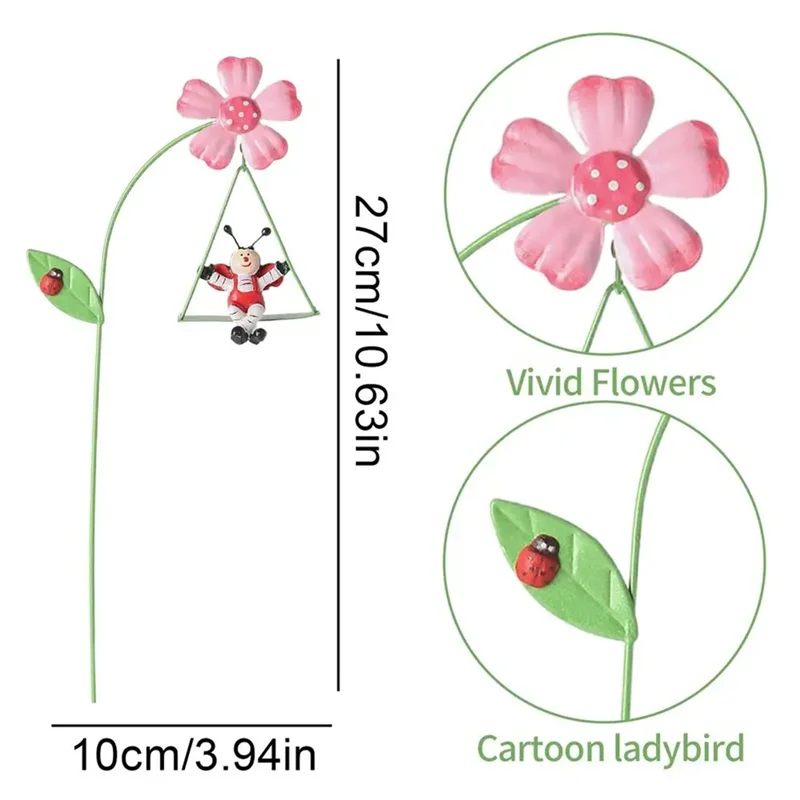 AD23-Iron Garden Flowers 6Pcs Decorative Iron Plant Stakes 10.6 Inch Ornamental Yard Stakes With Cute Animals On Swings