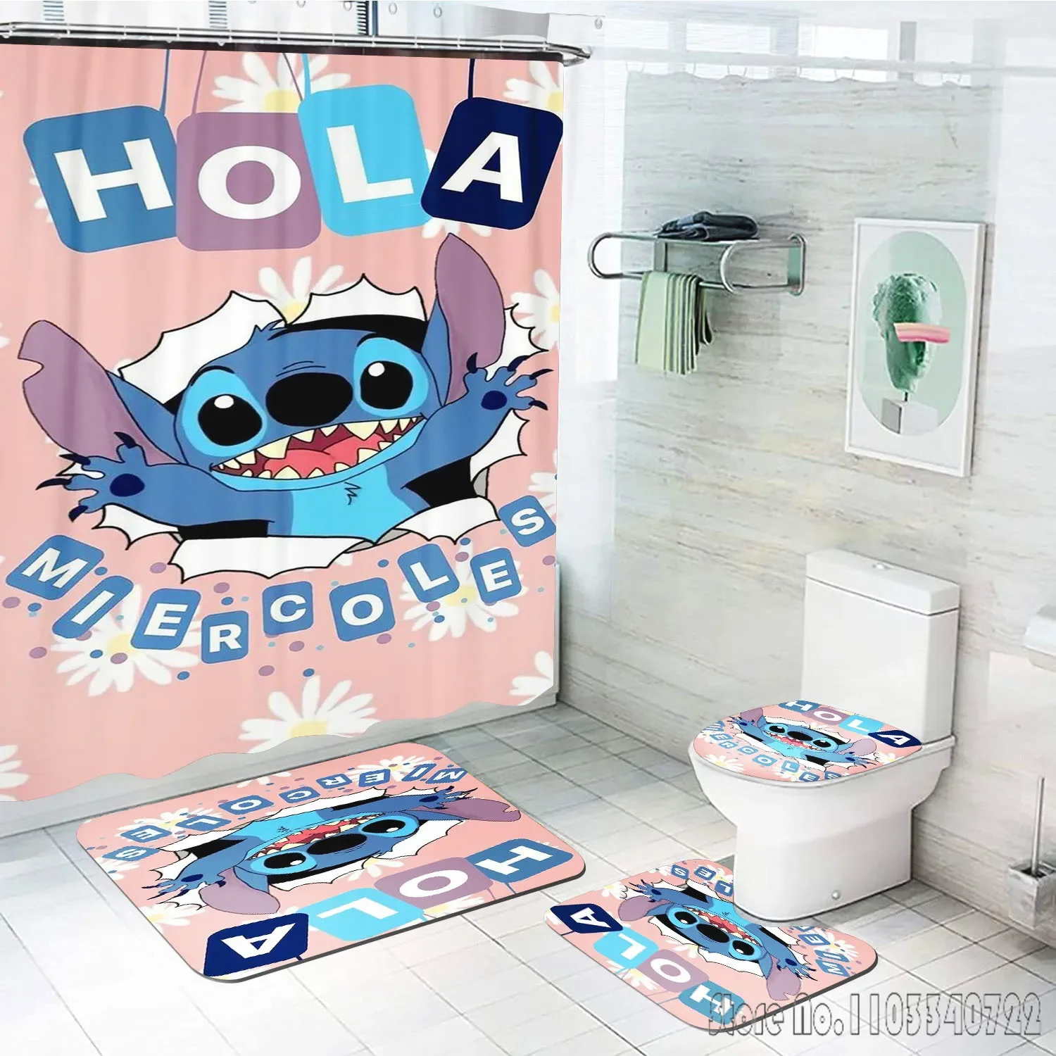 Stitch Disney Anime Bath Shower Curtain Set 4pcs with Hooks Waterproof Bathroom Toilet Mat Lid Decor