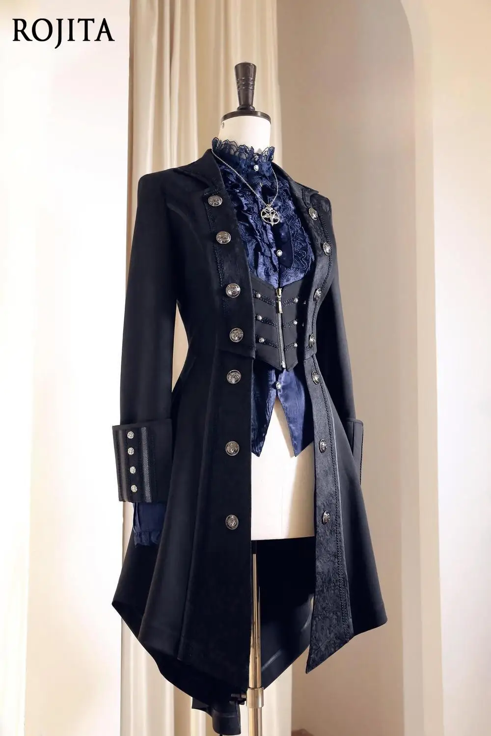 Bat Wing Trench Coat Long Coat British Retro Dark Goth Handsome Knight Lolita Coat Women Red Ribbon Shirt Ribbon Removable