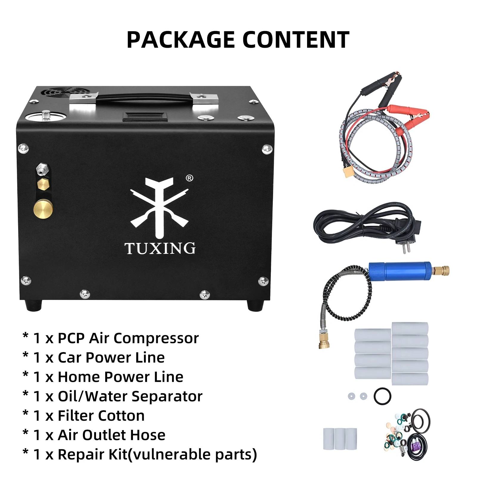 TUXING 4500Psi 300Bar PCP Air Compressor High Pressure Electric Built-in Power Adapter Compressor for PCP Diving Tank TXET062