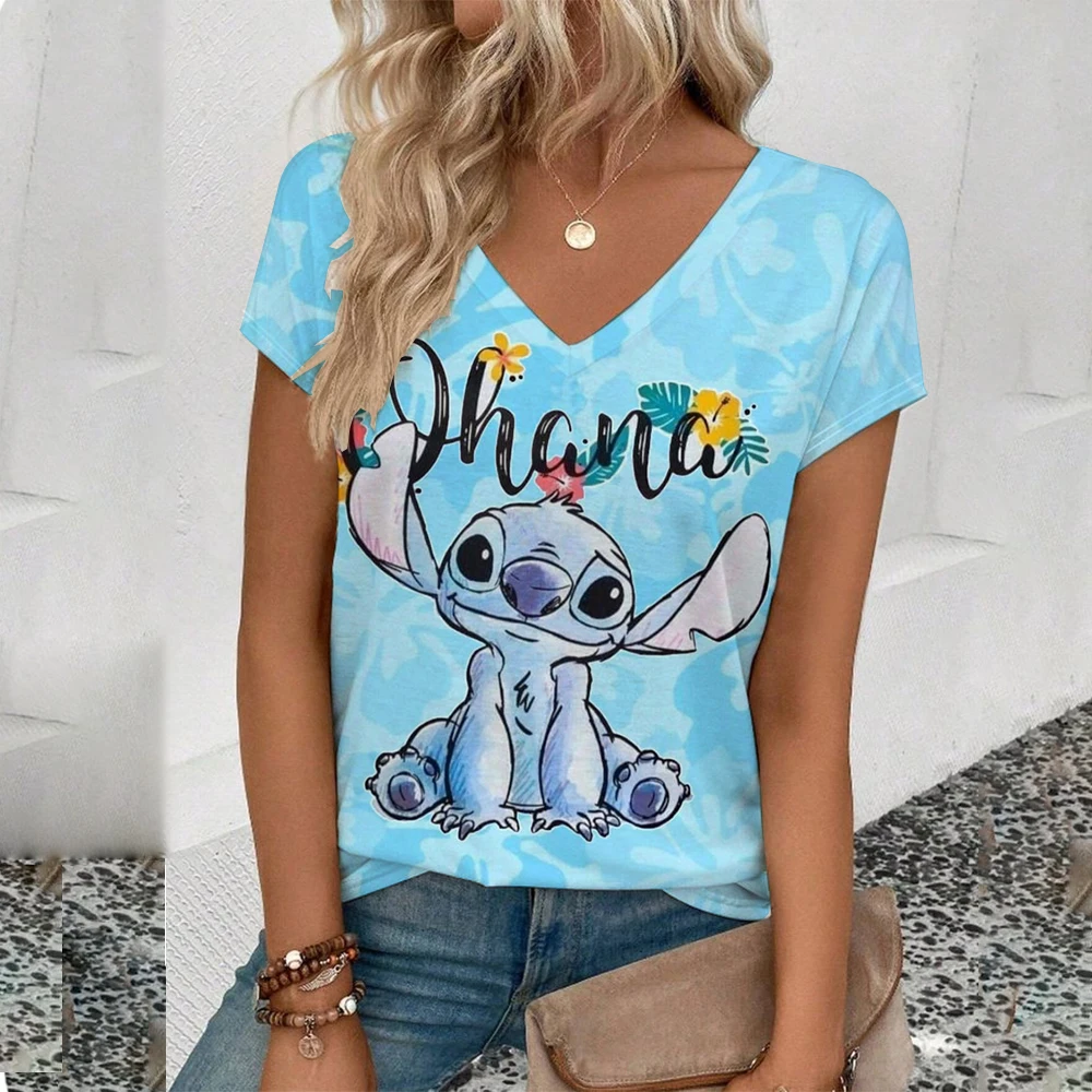 Kawaii Lilo Stitch Print T-shirts Tops for Women Lady Summer Children T-shirts Casual V-neck Ohana Stitch Disney T-shirts