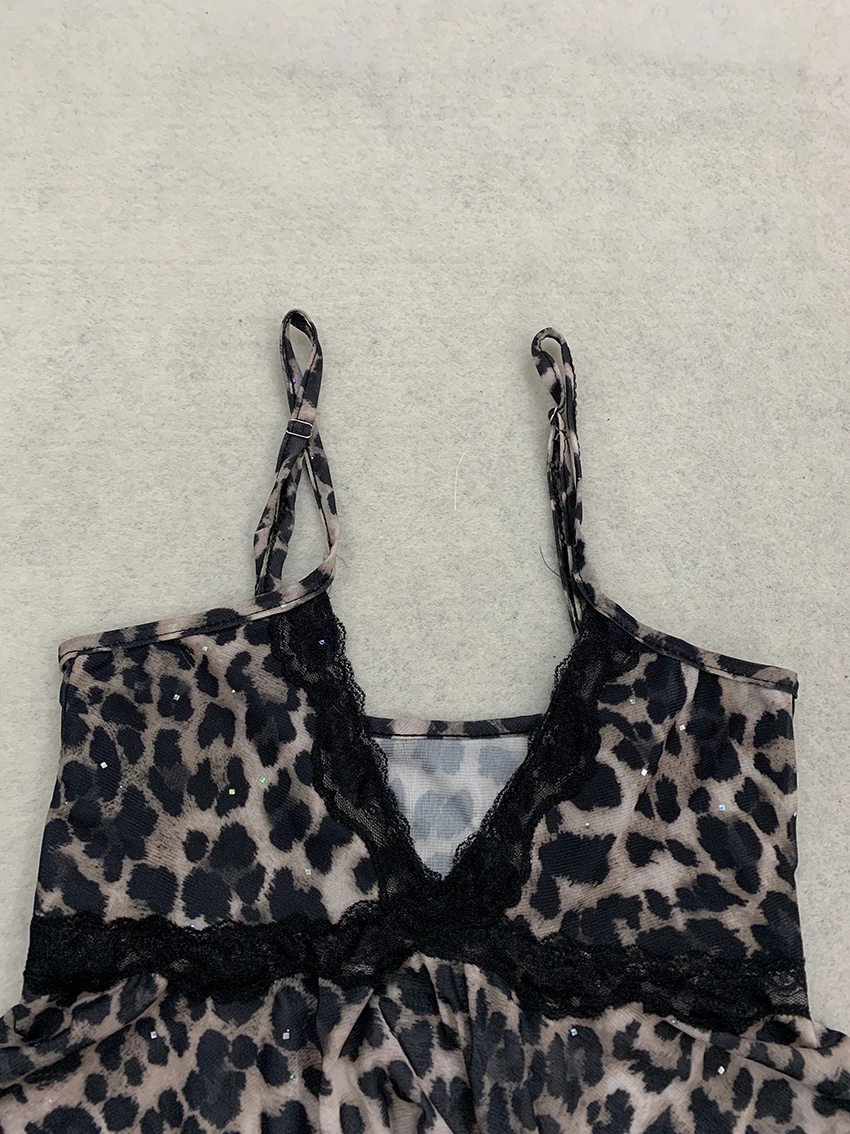 Hot Ladies Dark Leopard Print Sheer Tank Top Y2K Lace Edge Sparkle Detail V‑Neck Irregular Hem Spaghetti Strap Party Blouse