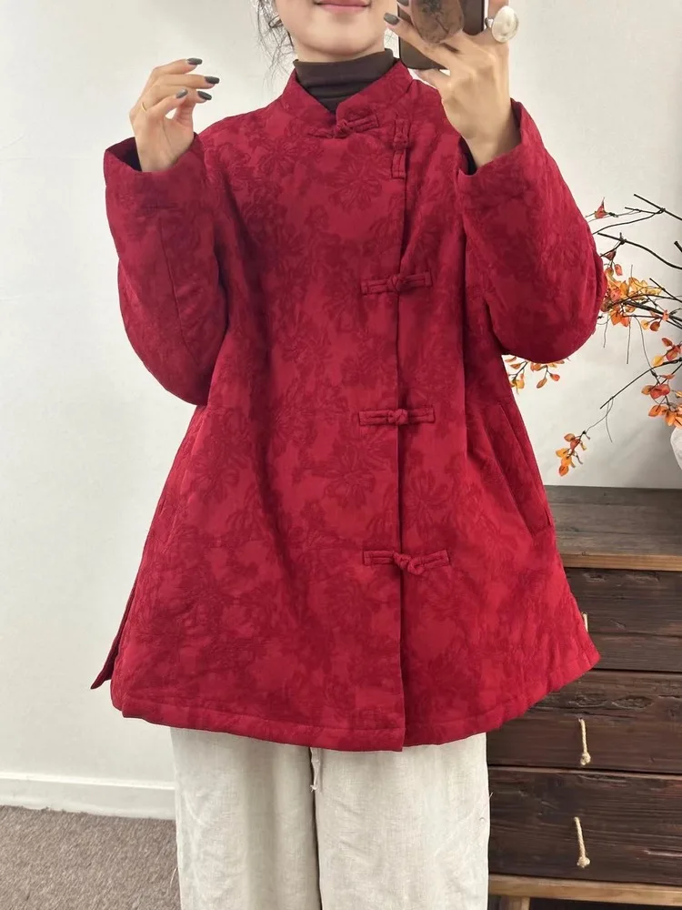 

Thickened Cotton Padded Jacket Red Embroidered Stand Collar Mid-Length Women's Winter Coat Warm Retro Style Long Sleeve Coat