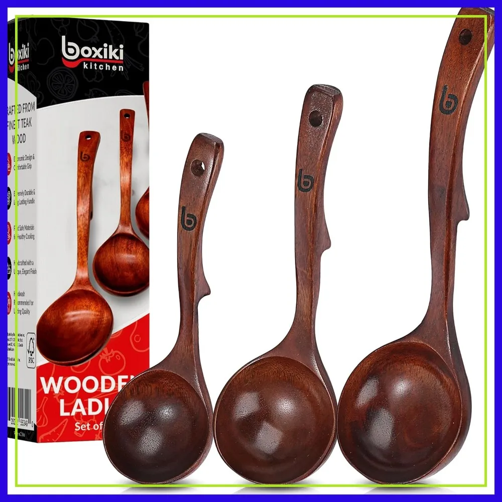 

Luxury Teak Wood Ladle Set of 3 – Chef-Grade, Eco-Friendly with Reinforced Neck & Anti-Slip Handle, Multi-Size Gift-Ready