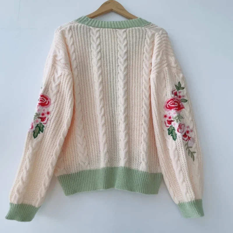 Cárdigan de punto con cuello en V para mujer, cárdigan cálido con bordado de flores, color Beige, verde, Otoño, 1989