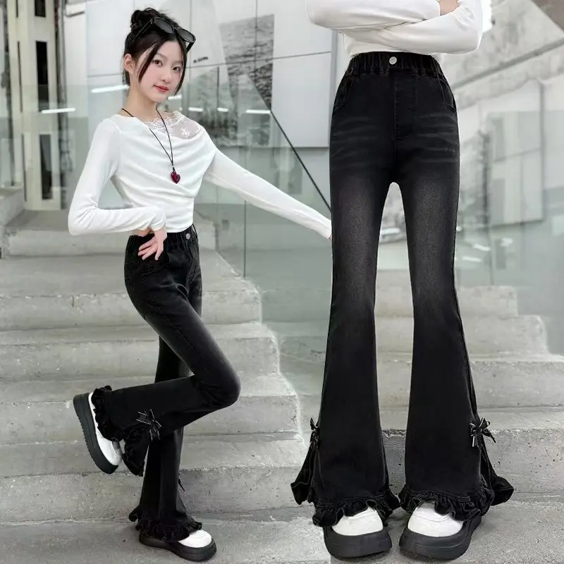 2026 Spring Autumn Teenager Girls Jeans Children Bell-Bottoms Denim Tight Pants 4 8 9 10 11 12 14 Years Baby Trousers Kids Bow