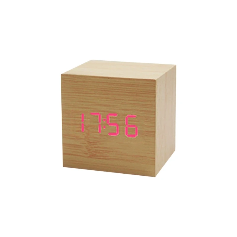 Wood Cube Voice Control  Led Alarm Clock Decorative Clock Ornaments Art Crafts Supplies for Home Bedroom Dormitory