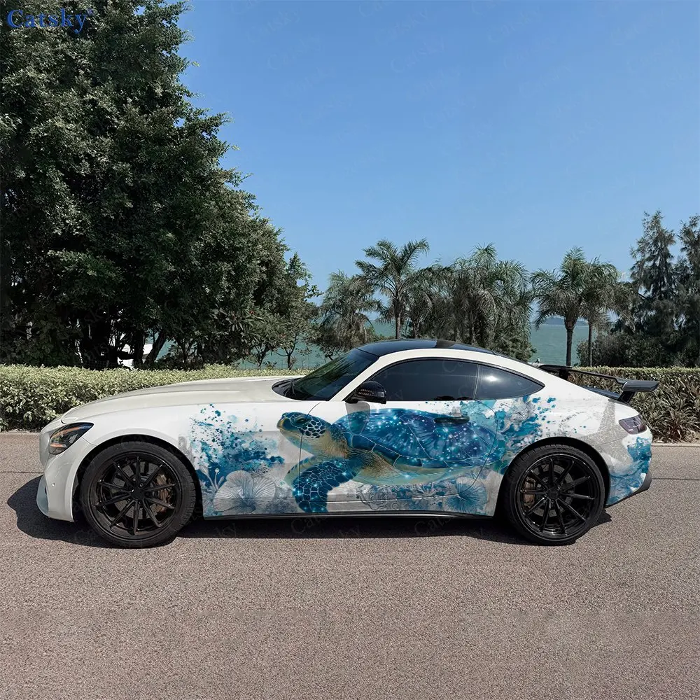 2pcs Ocean Blue Star Sea Turtle Car Side Wraps, Self-Adhesive PVC Waterproof & Scratch-Resistant Stickers, Car Accessory Gift