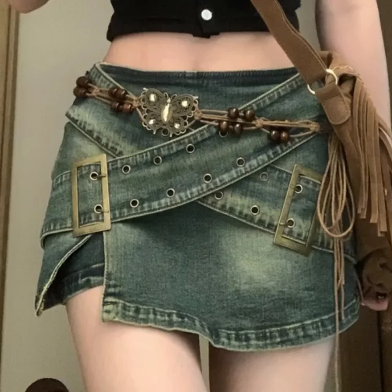 

Vintage Oversize Washed Old Denim Skirts Women New Summer Spice Girl Irregular A- Line Wide Leg Female Blast Street Denim Skirt