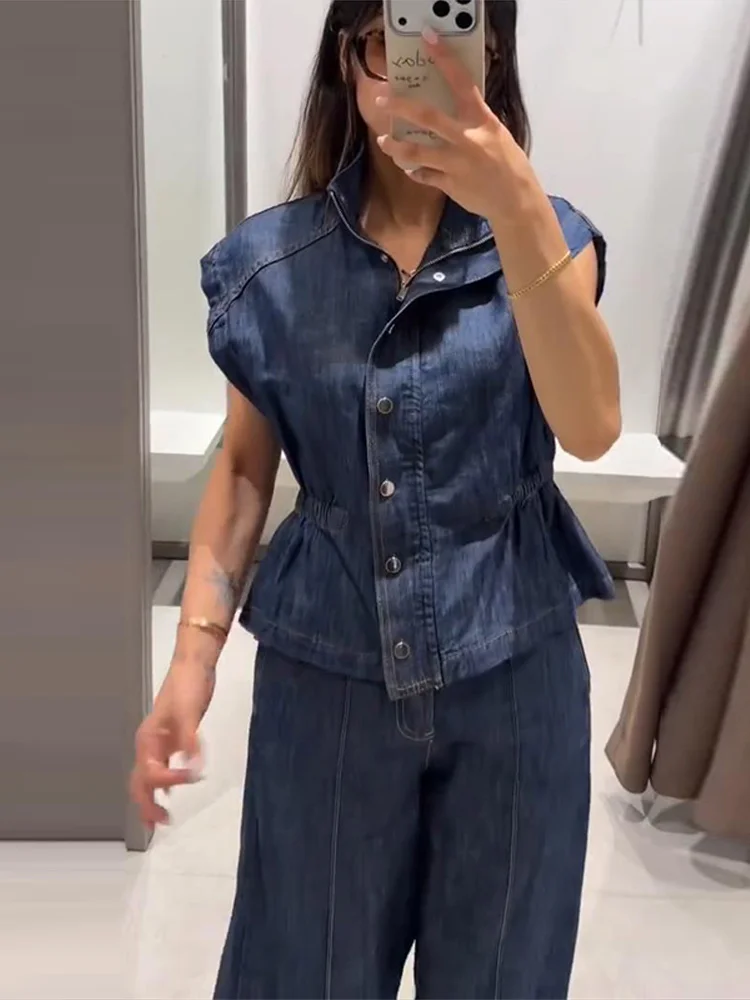 Ärmelloses Jeanswesten-Hosen-Set für Damen mit elastischem Bund, Stehkragen-Oberteil mit Knopfleiste und gerader Hose – Schickes Streetwear-Outfit für die moderne Dame – Detail 13