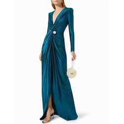 Tinaa 2024  Fashion Pleated Solid Color Split-front Tied Waist Bodycon Long Sleeves Deep V-Neck Maxi Dresses for Party Banquet