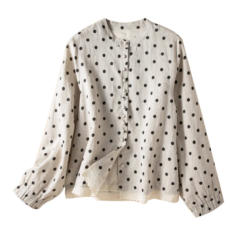 ربيع الخريف فضفاض طويل Sve المرأة سترة عادية Sle الرجعية البولكا نقطة أعلى ort طول زر حتى مزيج القطن والكتان #5