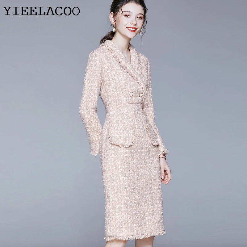 Pink tweed dress  2023 spring / autumn women\'s dress  tassel Long sleeved ladies slim bottoming dress one-piece