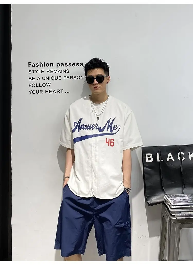 American ins baseball uniform shirt men short-sleeved T-shirt summer loose collarless shirt retro cardigan jacket temperament