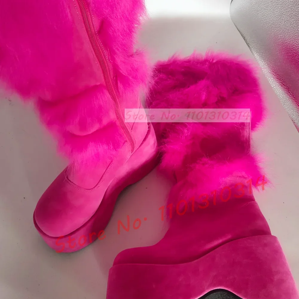 Hot Pink Thick-sole Furry Knee Boots Women Chic Round Toe Sweet Girly Lolita Shoes Winter Ladies Red Fur Party Big Size Boots - view 3