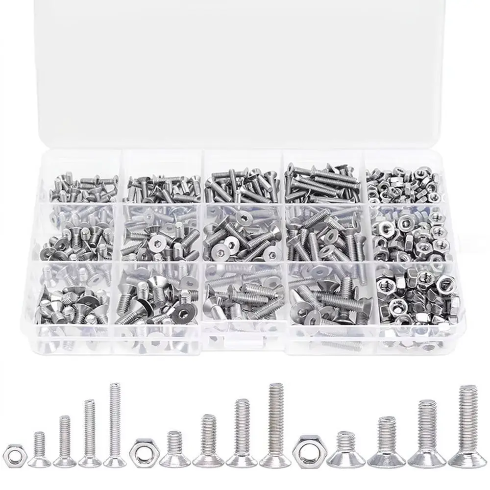 Professional 304 Stainless Steel Screw Nut Assortment Flat Head Hex Drive Fasteners Kit For Construction Machine Maintenance