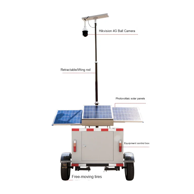 ضمان لمدة سنة واحدة 1080P 4G PTZ كاميرا شبكة مراقبة خارجية عمود رفع هيدروليكي مقطورة CCTV تعمل بالطاقة الشمسية NVR تخزين البيانات CMOS