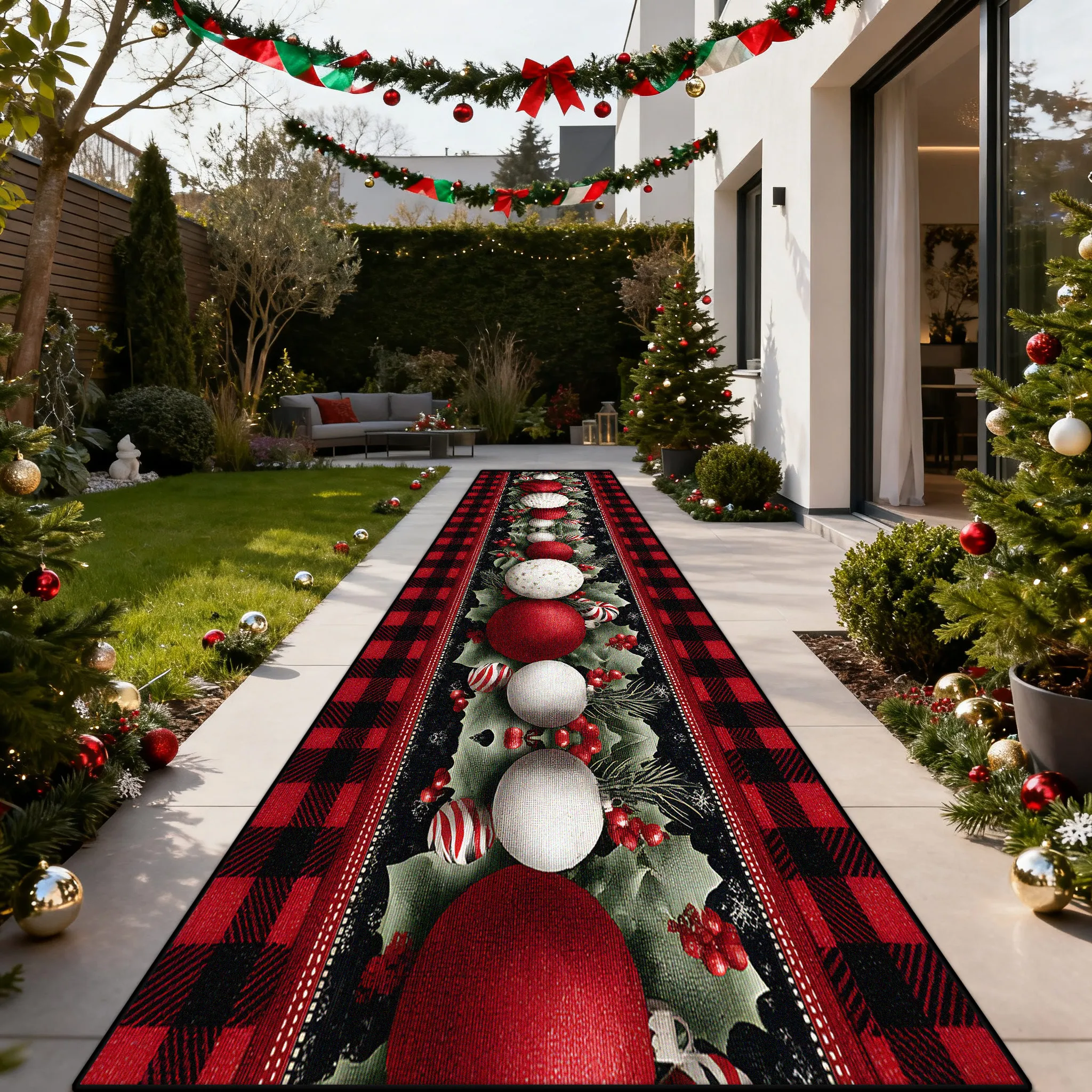 American Style Christmas Long Corridor Carpet Outdoor Courtyard Runner Rugs Snowball Snowflake Decoration Anti Slip Floor Mat
