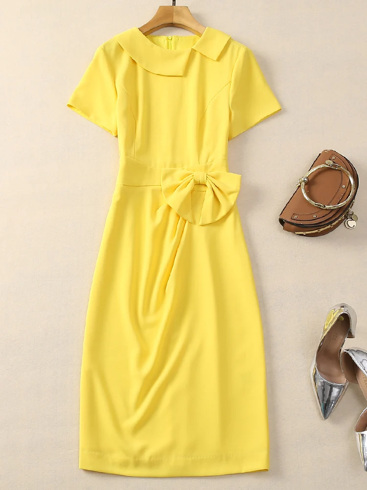 Designer Women's Sexyworkplace Runway Sexy Spring Summer High Quality Fashion Yellow Girls Bow Slim Fit Sweet Pencil Midi Dress