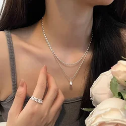Fashion Silver Color Double Layer Waterdrop Pendant Necklace for Women Minimalist Metal Bead Clavicle Chain Necklace Jewelry