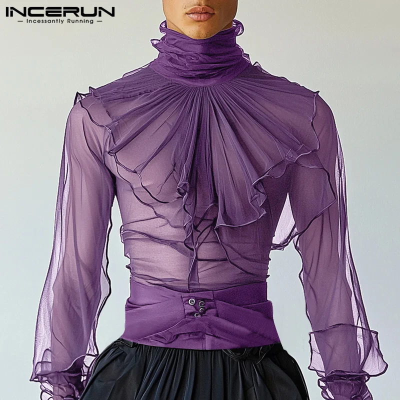 INCERUN Tops 2025 American Style Fashion New Men Thin High Neck Shoulder Pleated Shirts Sexy Casual Clubwear Long Sleeved Blouse