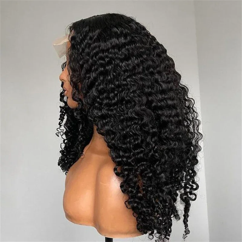 Color negro 26 pulgadas 180 densidad prearrancado suave rizado largo Natural línea de cabello peluca con malla frontal para mujeres negras pelo de bebé