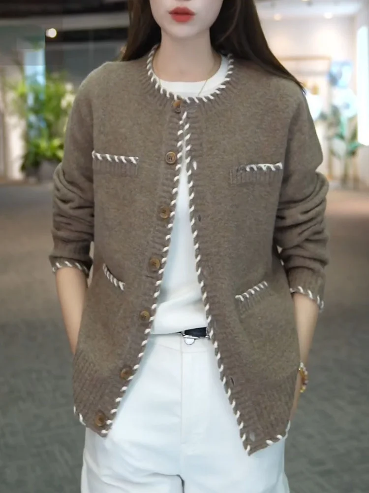

Retro round Neck Knitted Cardigan Casual Versatile Fragile Style Autumn New Arrival plus Size Ageless Top for Young Women