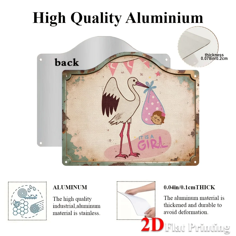 2D Flat,1pc, Two-Dimensional Flat, Metal Sign Artwork Featuring A Vintage Stork With A Baby Girl Announcement, Ideal For Nursery