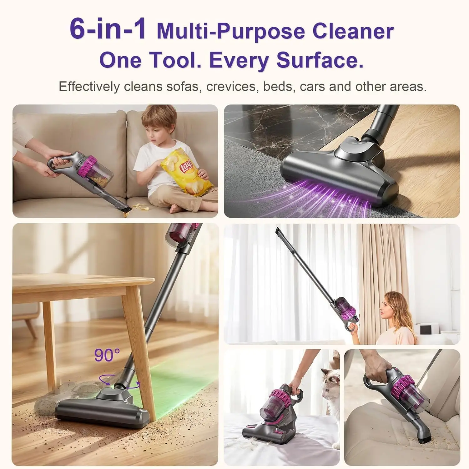 Cordless Stick Vacuum Cleaner, 6-in-1 Lightweight Handheld Vacuum, Built-in Mattress Vacuum Cleaner, 3-Speed Suction, Powerful M