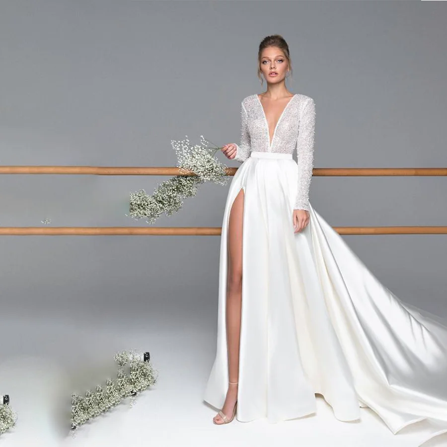 

Beautiful A-Line Beads Wedding Dress Illusion V-Neck and Back Zipper Vestios De Novia Bridal Gowns 2020