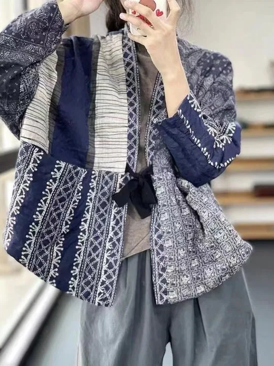 

Authentic Retro Print Cotton Jaet Patchwork Rope Bule ort Outerwear Women's Faion Autumn Winter Clothing