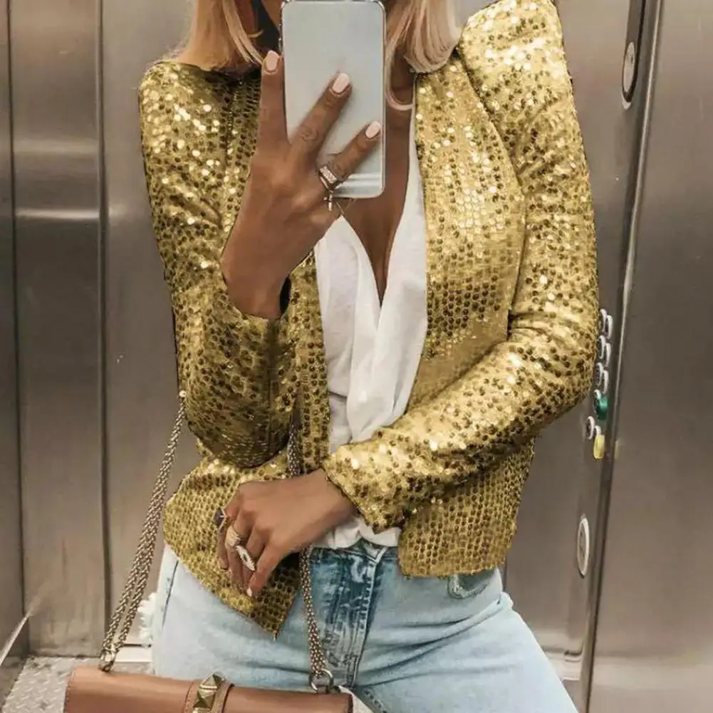 Sequin Decoration Women Blazer Coat Sequin Jacket Women Open Front Sequin Jacket Crew Neck Long Sleeve Slim Fit Cardigan Blazer