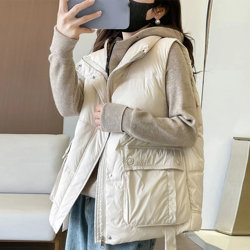 

Winter Loose Women Cardigan Cotton Vest Korean Simplicity Elegant Casual Thicken Jacket 2023 Female Fashion Warm Sleeveless Coat