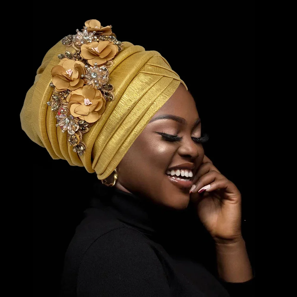 Nigeria Auto Gele Headtie Already Made Wedding Geles Female Head Wraps with Diamond Flower 2024 New African Women's Turban Cap