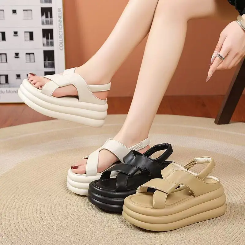 2024 Summer New Thick Sole Heightened Women\'s Sandals with Simple Crossover Platform Solid Color Casual Sandals