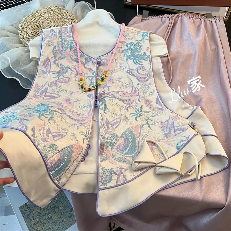Women's Vests Single-breasted Embroidered Butterfly Vest clip Women's Spring and Autumn Light National Style Retro Vest Coat