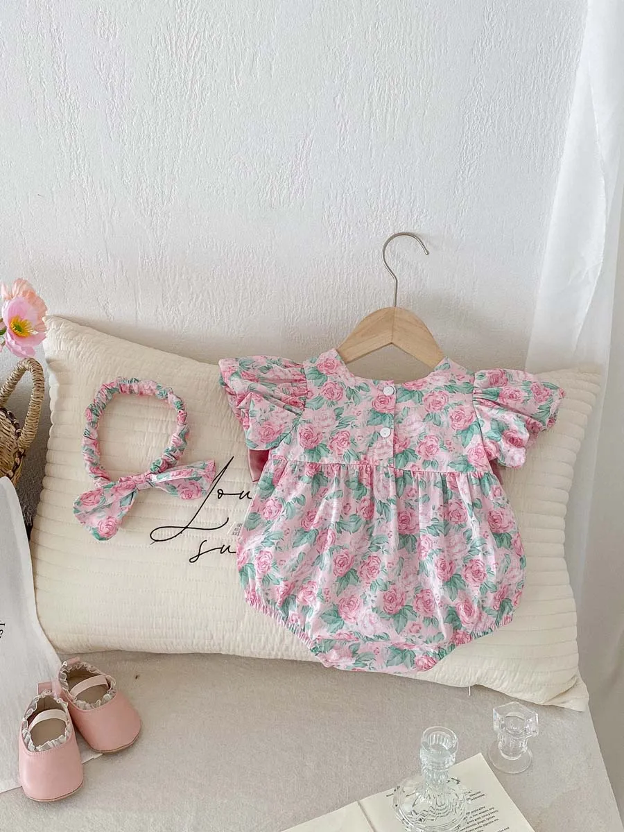 [Free Headband] Baby Romper Sweet Flower Jumpsuit Sweet Princess Baby Clothes 0-24 Months