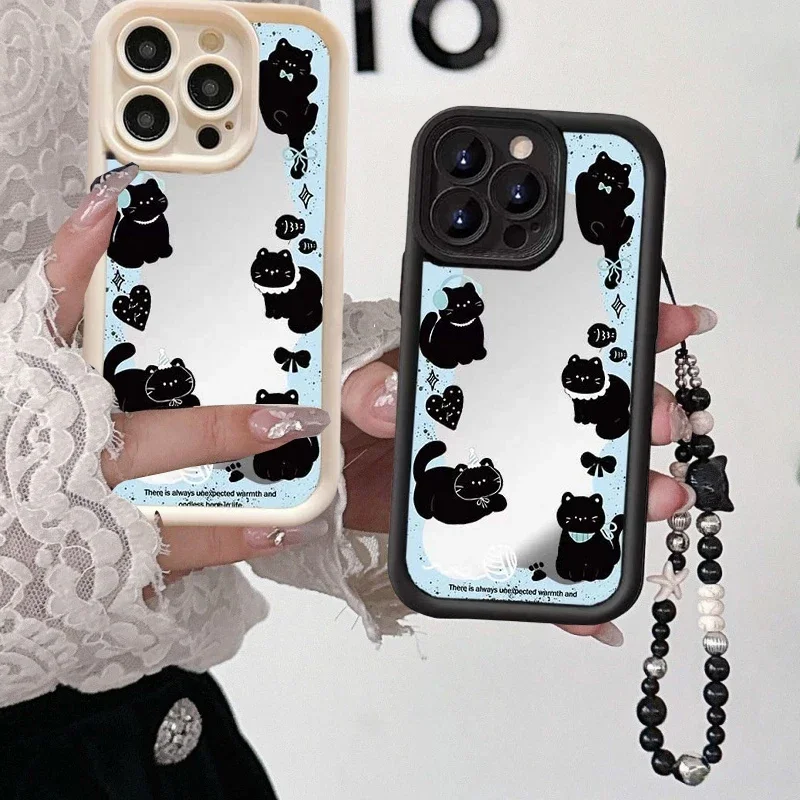 INS الكورية لطيف مرآة القطة السوداء سوار سلسلة جراب هاتف لجوجل بكسل 9 8 7 برو 5G بكسل 7A 8A 9 برو XL غطاء مقاوم للصدمات