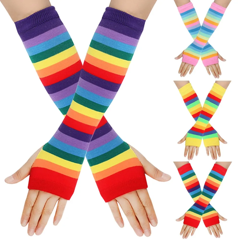 Rainbow Knit Gloves Colorful Striped Arm Sleeves Colorful Gloves for Festival Parties and Gatherings Cosp for Warm Outdoor Daily