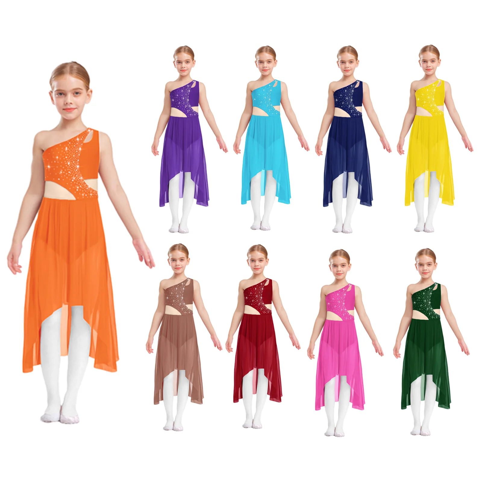 Kids Girls Lyrical Dance Costume Shiny Rhinestones One Shoulder Sleeveless Cutout High-Low Flowy Mesh Latin Dress Dancewear