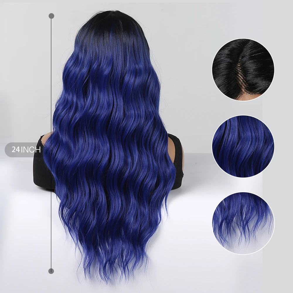 Long Curly Lace Frontal Hair Wigs Blue Purple Cosplay Synthetic Lace Wig for Black Women Transparent Natural Party Colorful Hair