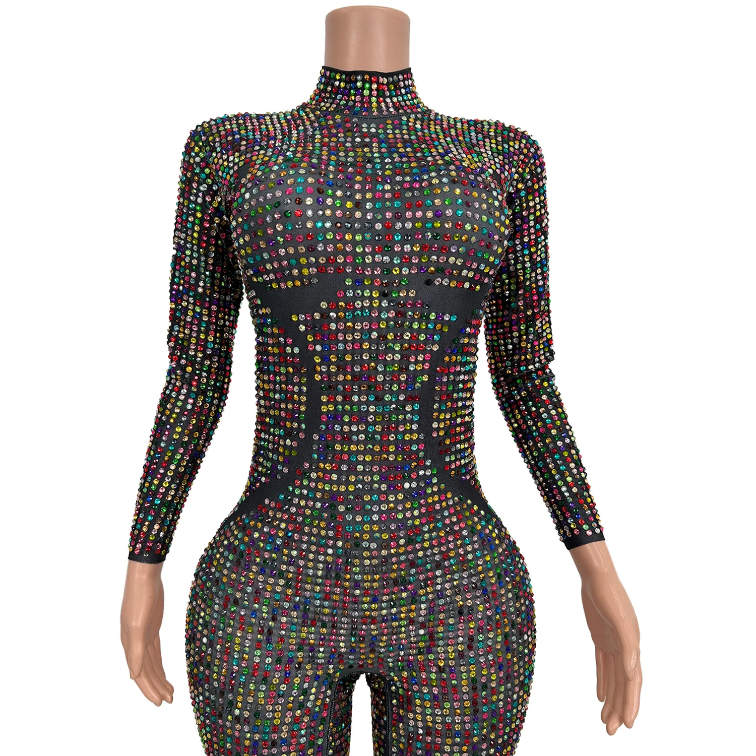 럭셔리 스파클리 풀 라인스톤 타이트 핏 점프수트 여성 섹시 댄스 공연 의상 나이트 클럽 드랙퀸 의상 징디안