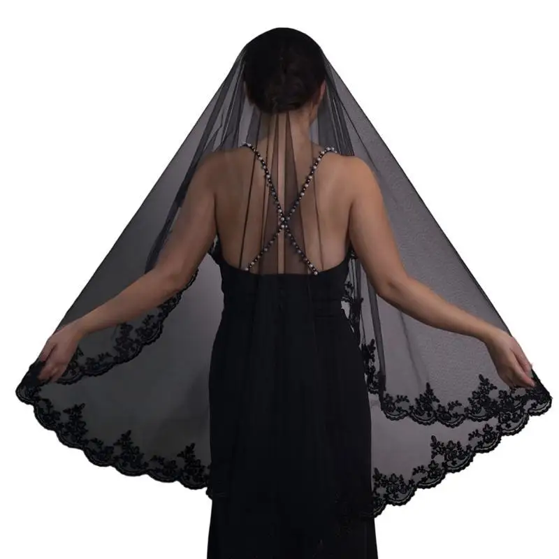 39BD Hochzeit Schleier Kopftuch Spitze Schwarz Schleier Braut Haar Zubehör Schwarz Mantilla – Detail 2