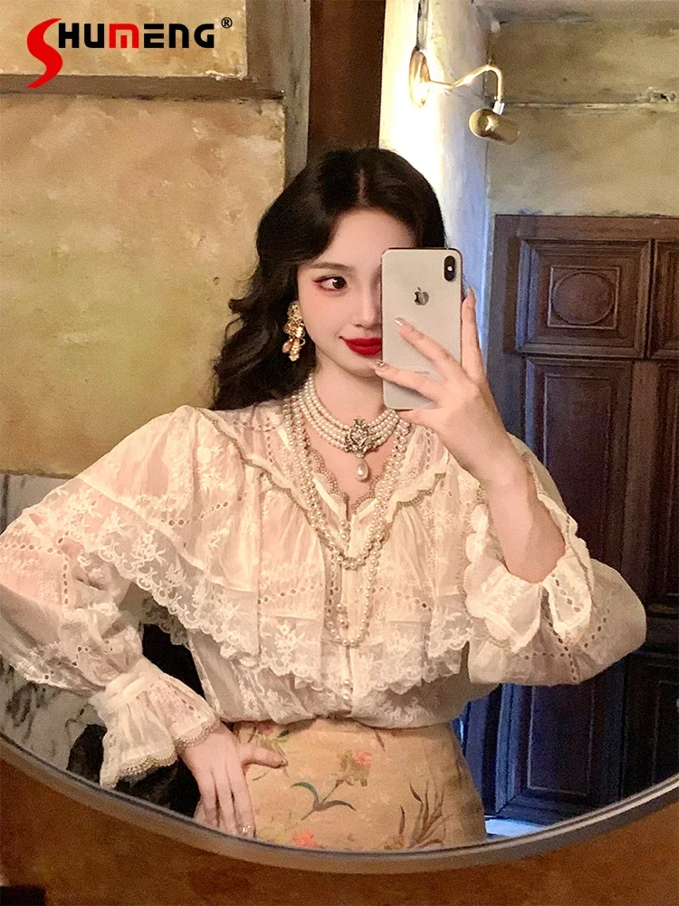 

French Vintage Heavy Industry Shirt Womens Autumn Elegant Retro Lace Pearl Button Inside Blouses Female Court Style Tops Mujer